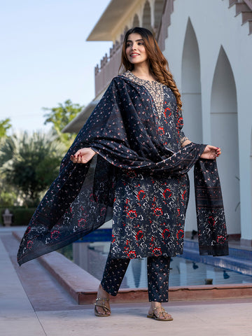 Orni Fashion Green Floral print Straight Kurta Bottom And Dupatta Set