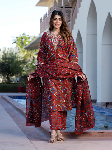 Orni Fashion Maroon Floral print Straight Kurta Bottom And Dupatta Set