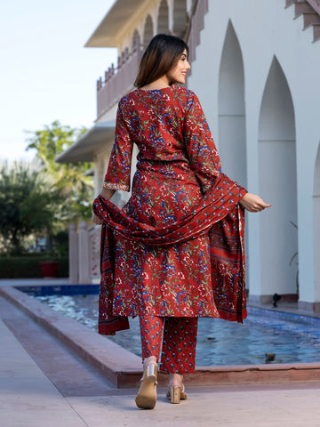 Orni Fashion Maroon Floral print Straight Kurta Bottom And Dupatta Set