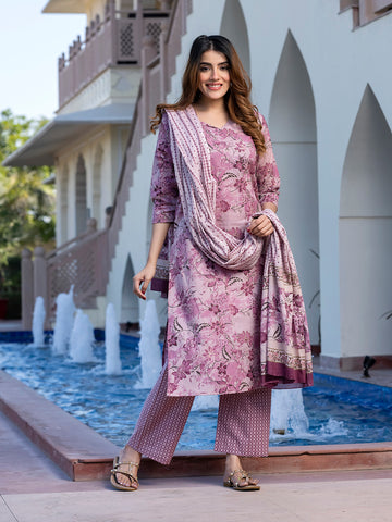 Orni Fashion Mauve Floral print Straight Kurta Bottom And Dupatta Set