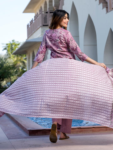 Orni Fashion Mauve Floral print Straight Kurta Bottom And Dupatta Set