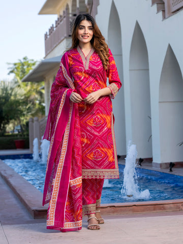 Orni Fashion Pink Bandhej Print Straight Kurta Bottom And Dupatta Set