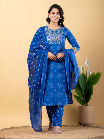 Orni Fashion Blue Bandhej Print Straight Kurta Bottom And Dupatta Set