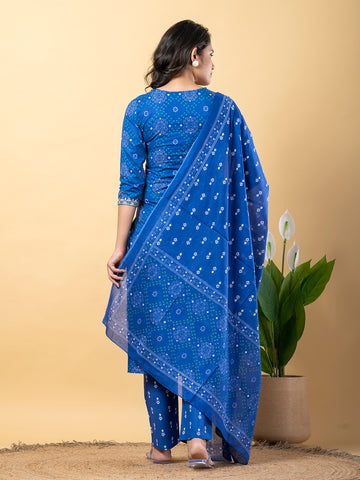 Orni Fashion Blue Bandhej Print Straight Kurta Bottom And Dupatta Set