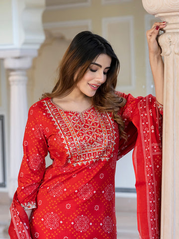 Orni Fashion Red Bandhej Print Straight Kurta Bottom And Dupatta Set