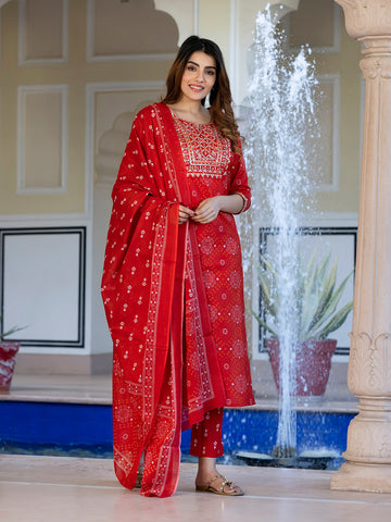 Orni Fashion Red Bandhej Print Straight Kurta Bottom And Dupatta Set