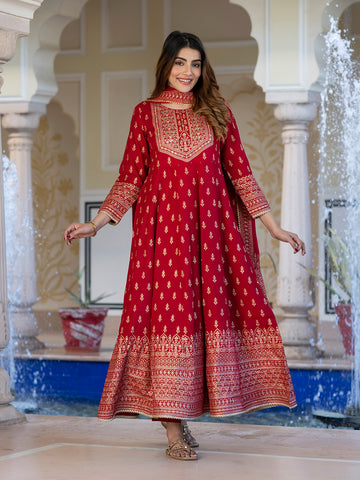 Orni Fashion Red Ethnic Motifs Anarkali Kurta Bottom And Dupatta Set