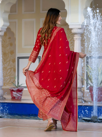 Orni Fashion Red Ethnic Motifs Anarkali Kurta Bottom And Dupatta Set