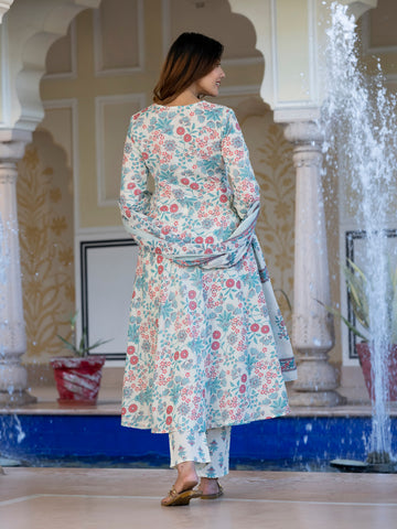 Orni Fashion Cream Floral print Anarkali Kurta Bottom And Dupatta Set