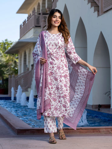 Orni Fashion Mauve Floral print Straight Kurta Bottom And Dupatta Set