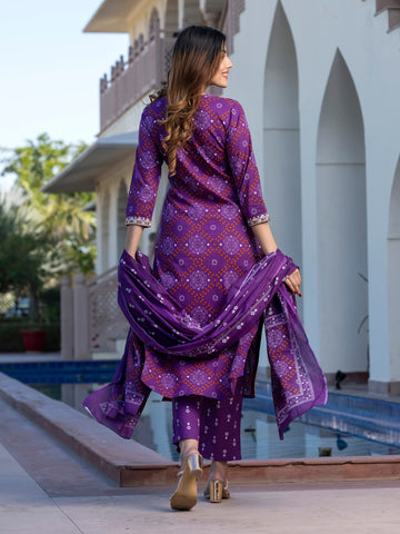 Orni Fashion Magenta Bandhej Print Straight Kurta Bottom And Dupatta Set