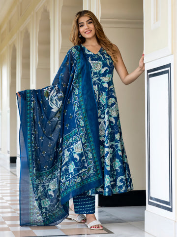 Orni Fashion Blue Floral print A-Line Kurta Bottom And Dupatta Set