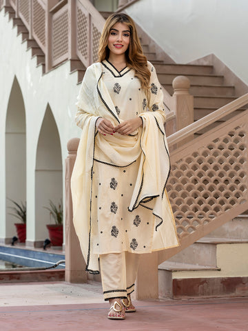 Orni Fashion Cream Solid Straight Kurta Bottom And Dupatta Set