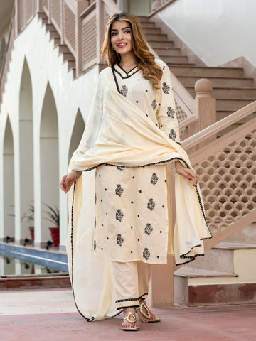 Orni Fashion Cream Solid Straight Kurta Bottom And Dupatta Set