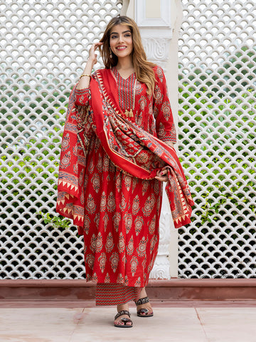 Orni Fashion Red Ethnic Motifs A-Line Kurta Bottom And Dupatta Set