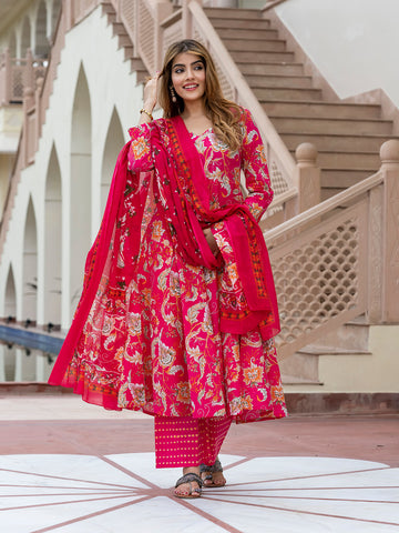 Orni Fashion Pink Floral print Anarkali Kurta Bottom And Dupatta Set