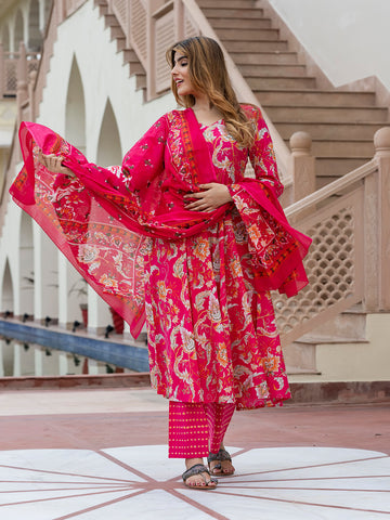 Orni Fashion Pink Floral print Anarkali Kurta Bottom And Dupatta Set