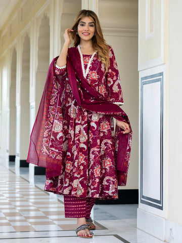 Orni Fashion Burgundy Floral print Anarkali Kurta Bottom And Dupatta Set