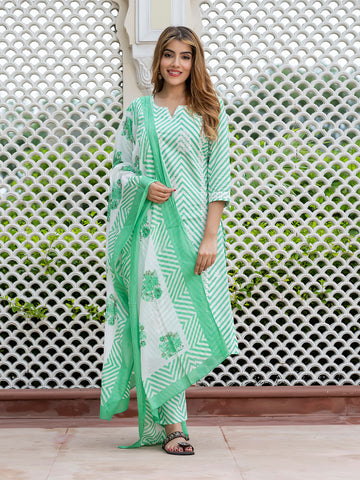 Orni Fashion Turquoise And White Striped Straight Kurta Bottom And Dupatta Set
