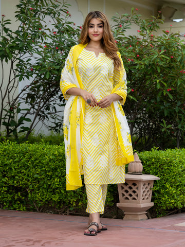 Orni Fashion Yellow And White Striped Straight Kurta Bottom And Dupatta Set