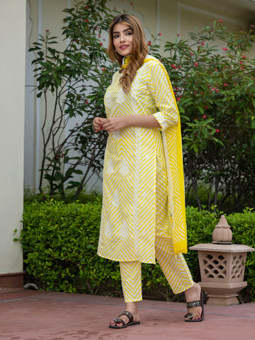 Orni Fashion Yellow And White Striped Straight Kurta Bottom And Dupatta Set