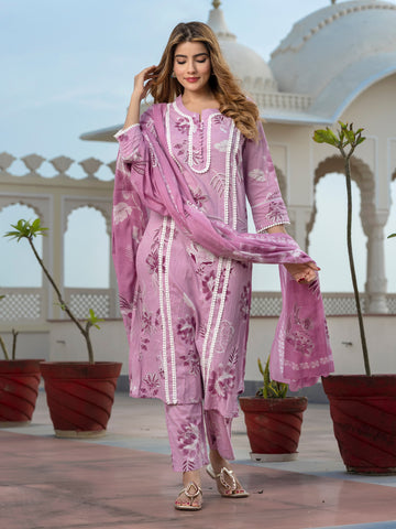 Orni Fashion Mauve Floral print Straight Kurta Bottom And Dupatta Set