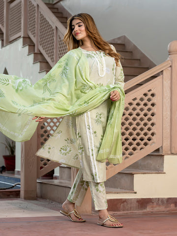 Orni Fashion Sage Green Floral print Straight Kurta Bottom And Dupatta Set