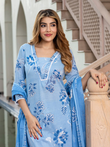 Orni Fashion Sky Blue Floral print Straight Kurta Bottom And Dupatta Set