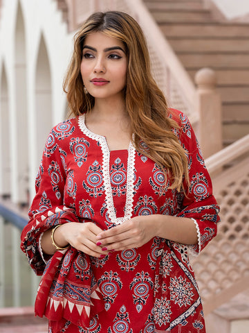 Orni Fashion Red Floral print Straight Kurta Bottom And Dupatta Set