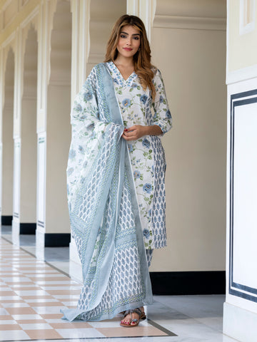Orni Fashion Grey and White Floral print Straight Kurta Bottom And Dupatta Set