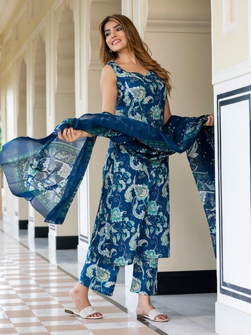Orni Fashion Blue Floral print Straight Kurta Bottom And Dupatta Set