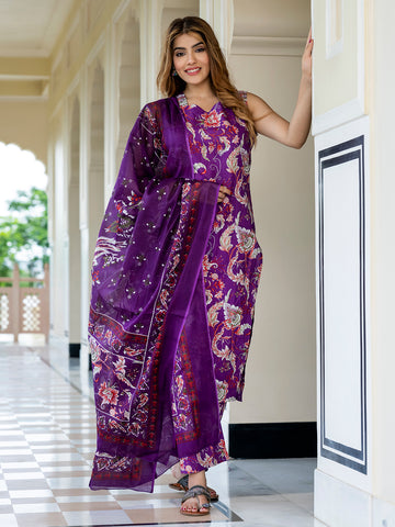 Orni Fashion Purple Floral print Straight Kurta Bottom And Dupatta Set