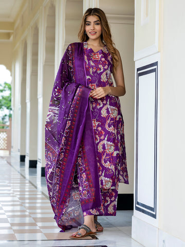 Orni Fashion Purple Floral print Straight Kurta Bottom And Dupatta Set