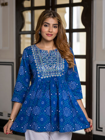 Orni Fashion Blue Bandhej Print Peplum Top