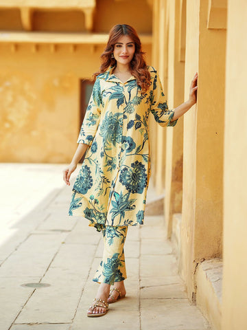 Beige And Blue Floral A-Line Trousers Co-ords Set