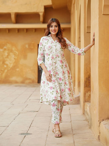 peach and White Floral A-Line Trousers Co-ords Set