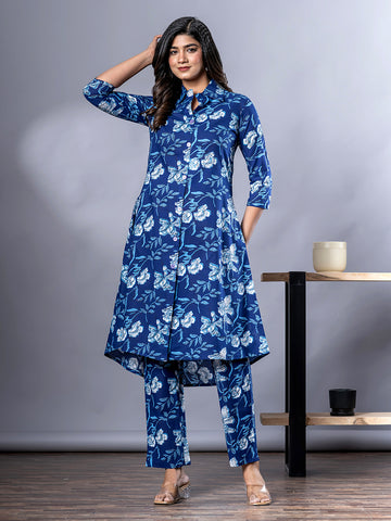 Orni Fashion Blue Floral print A-Line Co-ords Set