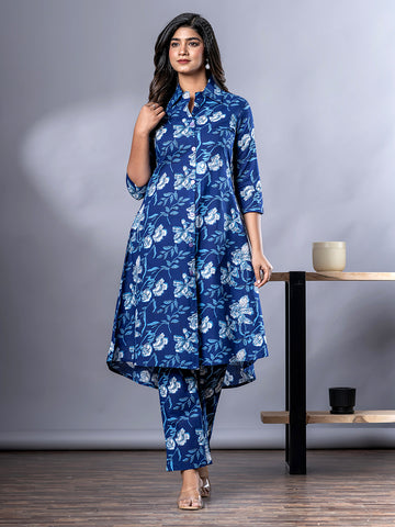 Orni Fashion Blue Floral print A-Line Co-ords Set