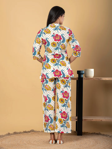 Orni Fashion Cream And Pink Floral print Shirt Co-ords Set