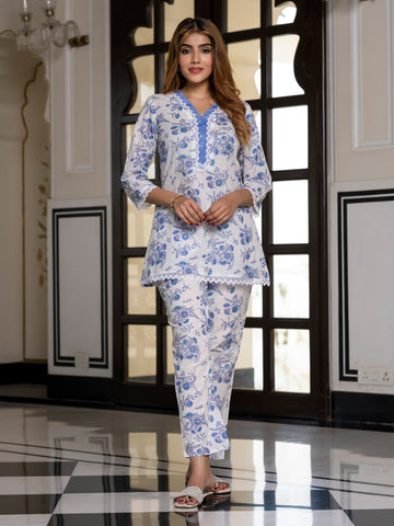 Orni Fashion White And Blue Floral print Top Co-ords Set