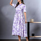 Orni Fashion Purple And White Floral print Fit And Flred Dress