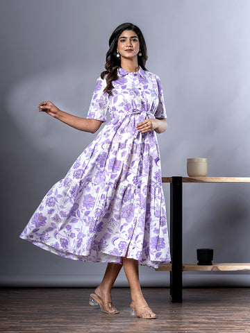 Orni Fashion Purple And White Floral print Fit And Flred Dress