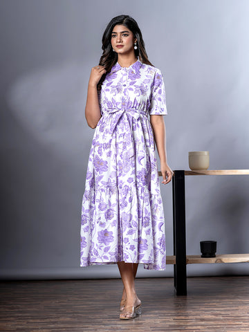 Orni Fashion Purple And White Floral print Fit And Flred Dress