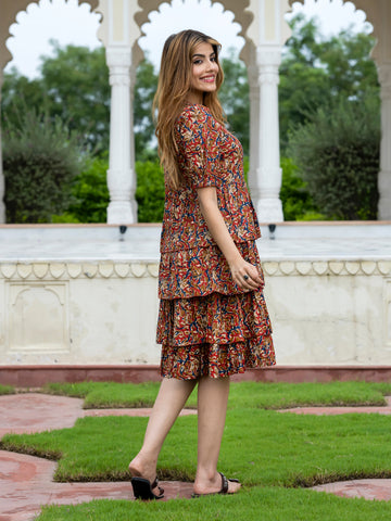 Orni Fashion Red And Blue Floral print Fit And Flred Dress