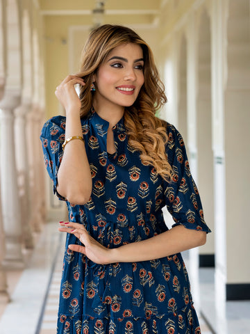 Orni Fashion Blue Floral print Fit And Flred Dress