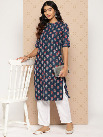 Orni Fashion Navy Blue Viscose Rayon Straight Kurta