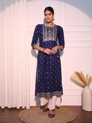 Blue Mirrow Regular Rayon A-line Kurta