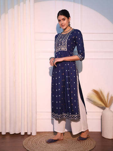 Blue Mirrow Regular Rayon A-line Kurta