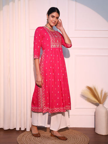 Pink Mirrow Regular Rayon A-line Kurta