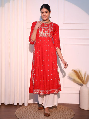 Red Mirrow Regular Rayon A-line Kurta